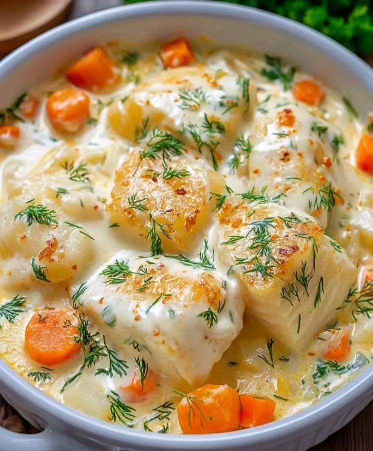 Cassolette de poisson à la crème, légumes fondants et pommes de terre - Ingrédients 600 g de filets de poisson blanc (cabillaud, colin ou merlu) 3 pommes de terre moyennes 2 carottes 1 oignon 1 gousse d’ail -- 25 1782462038618